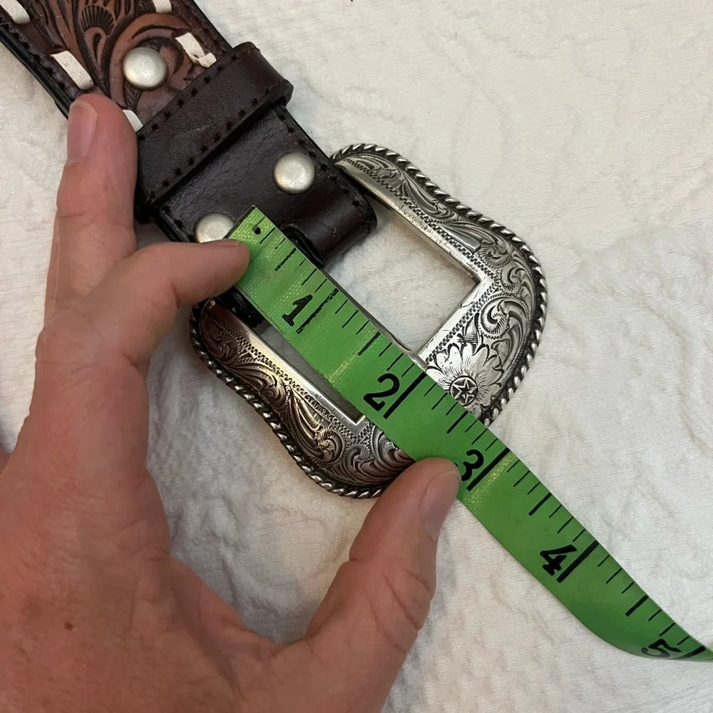 Nocona tooled brown leather belt contrast seam EUC - Picture 9 of 11